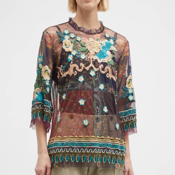 Johnny Was Women Renley Mesh Embroidered Blouse Large Sheer Floral MSRP $305 NWT - Picture 1 of 13